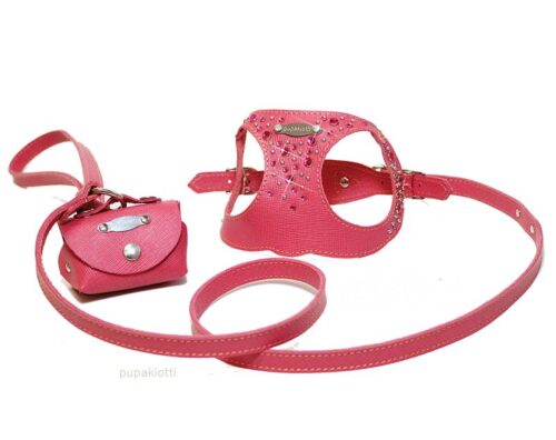 Diamond. Set pettorina e guinzaglio con porta sacchetti in pelle per cane. linea Diamond