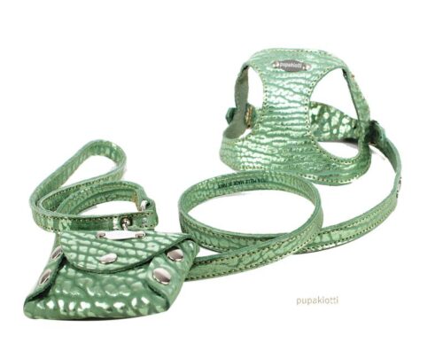 Special. Set pettorina e guinzaglio con porta sacchetti in pelle per cane. Fantasia Lamé